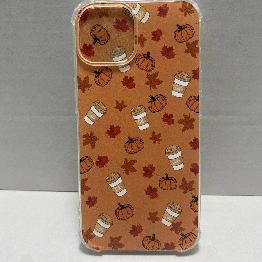 iPhone 15 Slim Shockproof Case W/TPU Bumper Autumn Pumpkin Maple Leaf Coffee